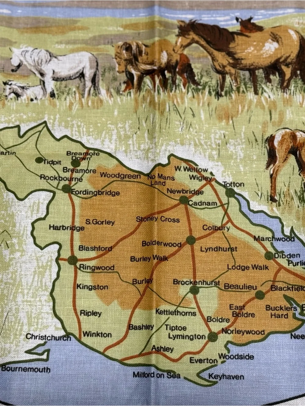 VTG New Forest Ponies Souvenir Tea Towel All Cotton Made in Britain Map (Vista)